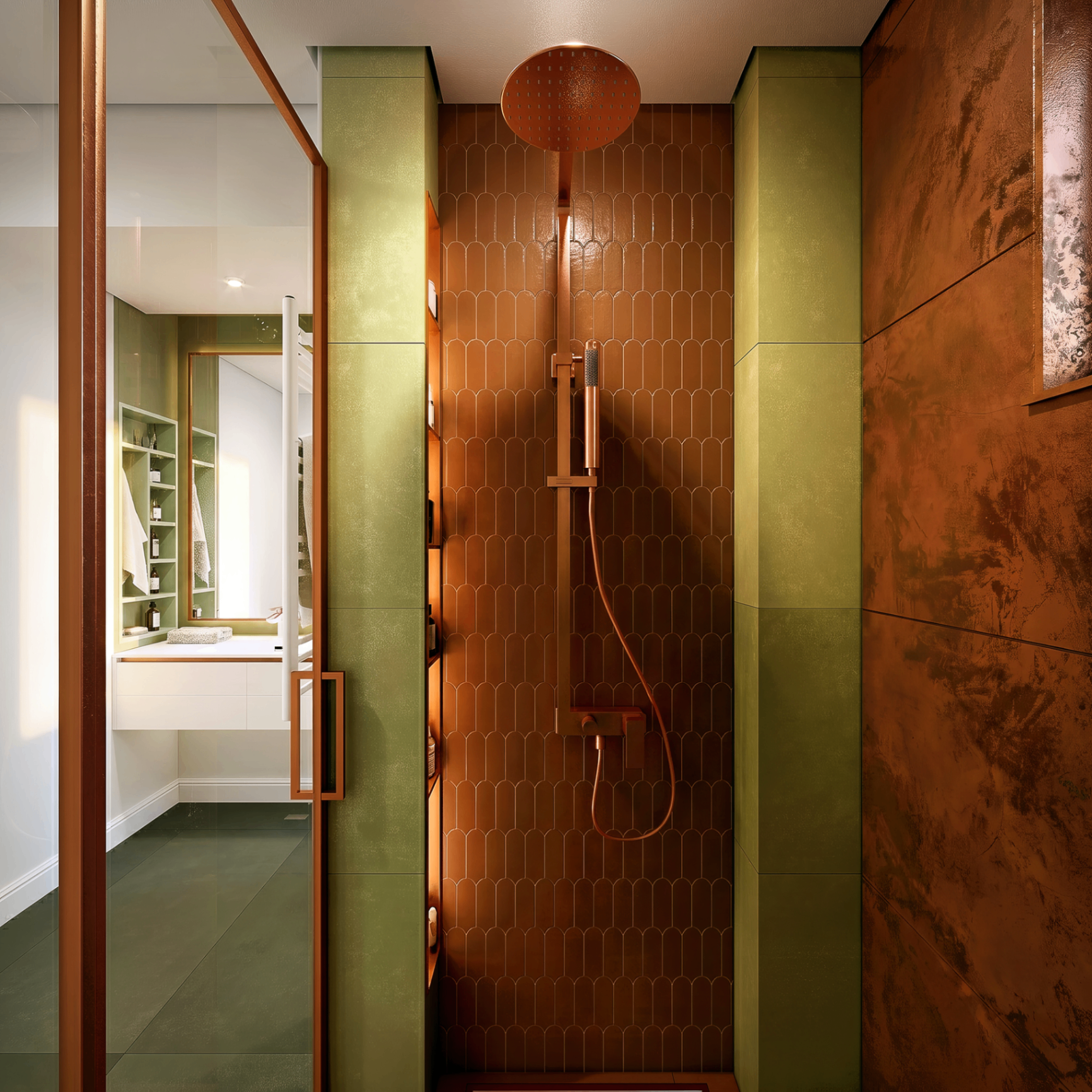 Concept baie verde măsliniu, cupru și gold rose — OQPATH STUDIO