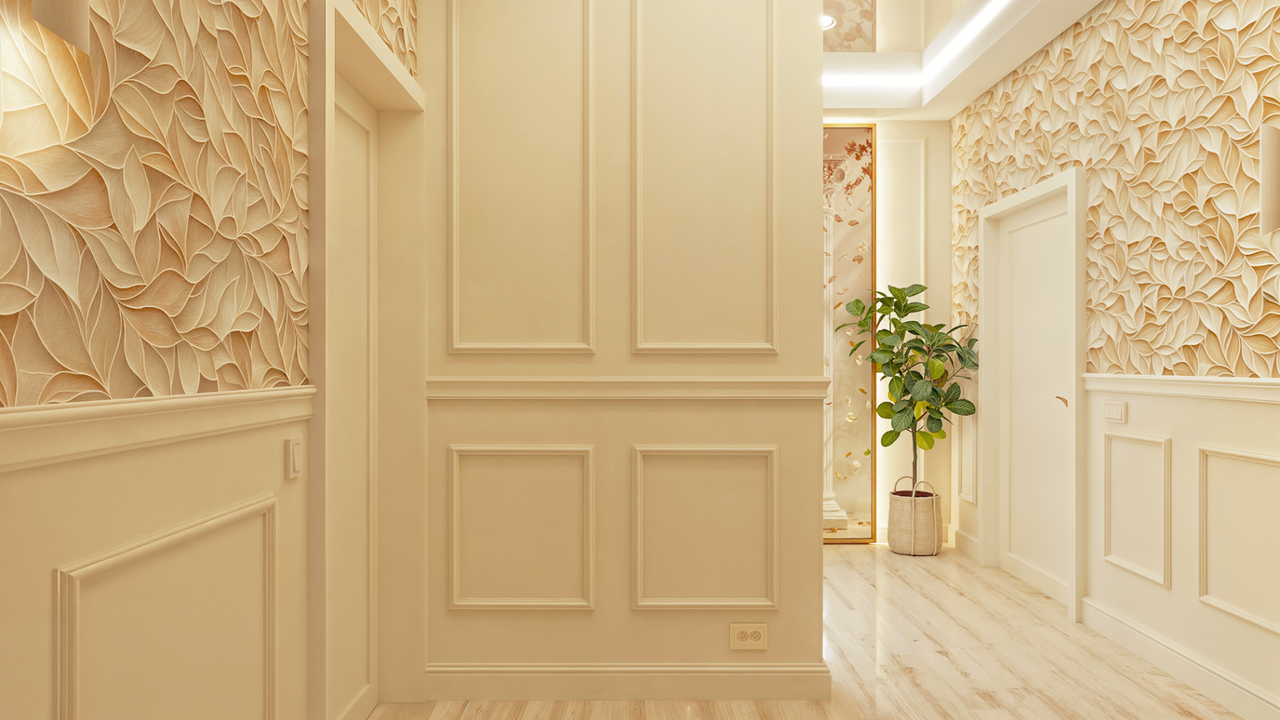 Hol și casa scării cu tapet floral 3D ivory — OQPATH STUDIO